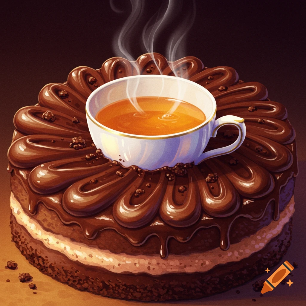 A cup of hot tea sits on top of a chocolate cake.
