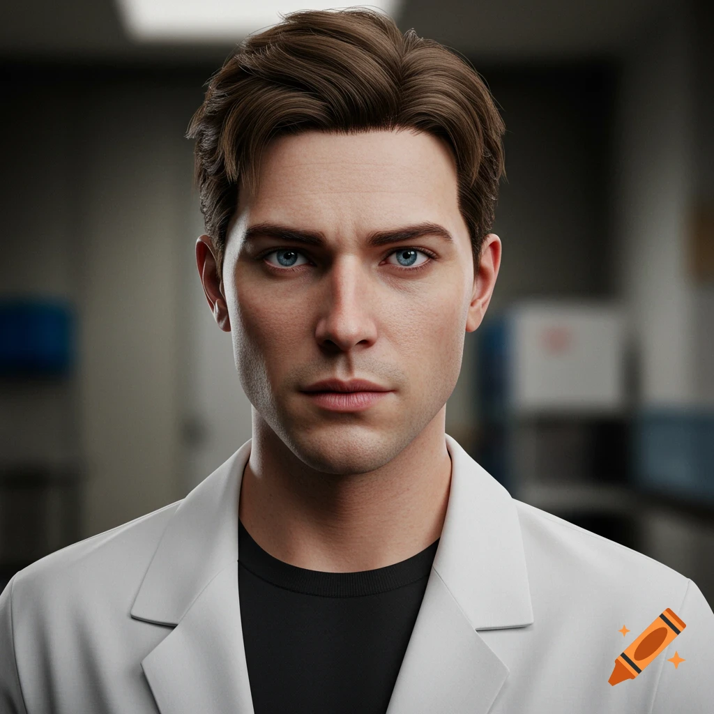 Photorealistic portrait of a man in a white lab coat and black shirt.