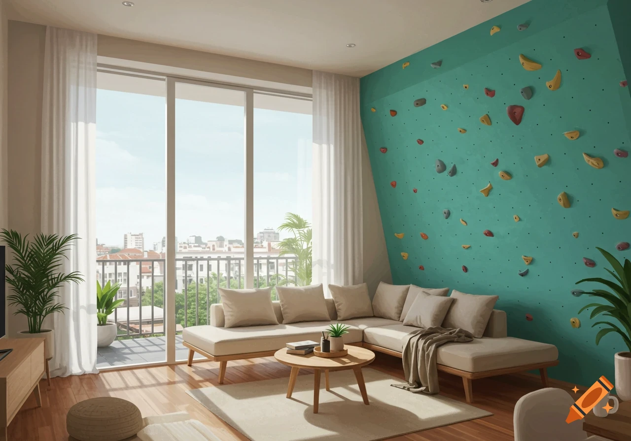 Living room with a climbing wall, sofa, and balcony view.