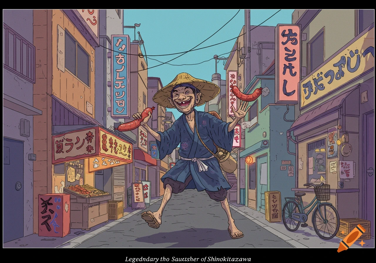 A cartoonish character in a straw hat holding sausages runs down a street in a Japanese town, illustration.