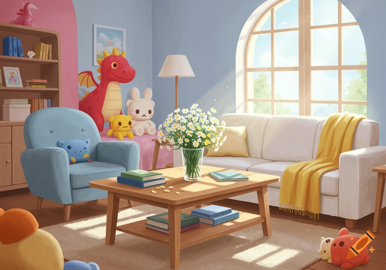 A cozy living room with stuffed animals, furniture, flowers, and sunlight streaming through a large window.