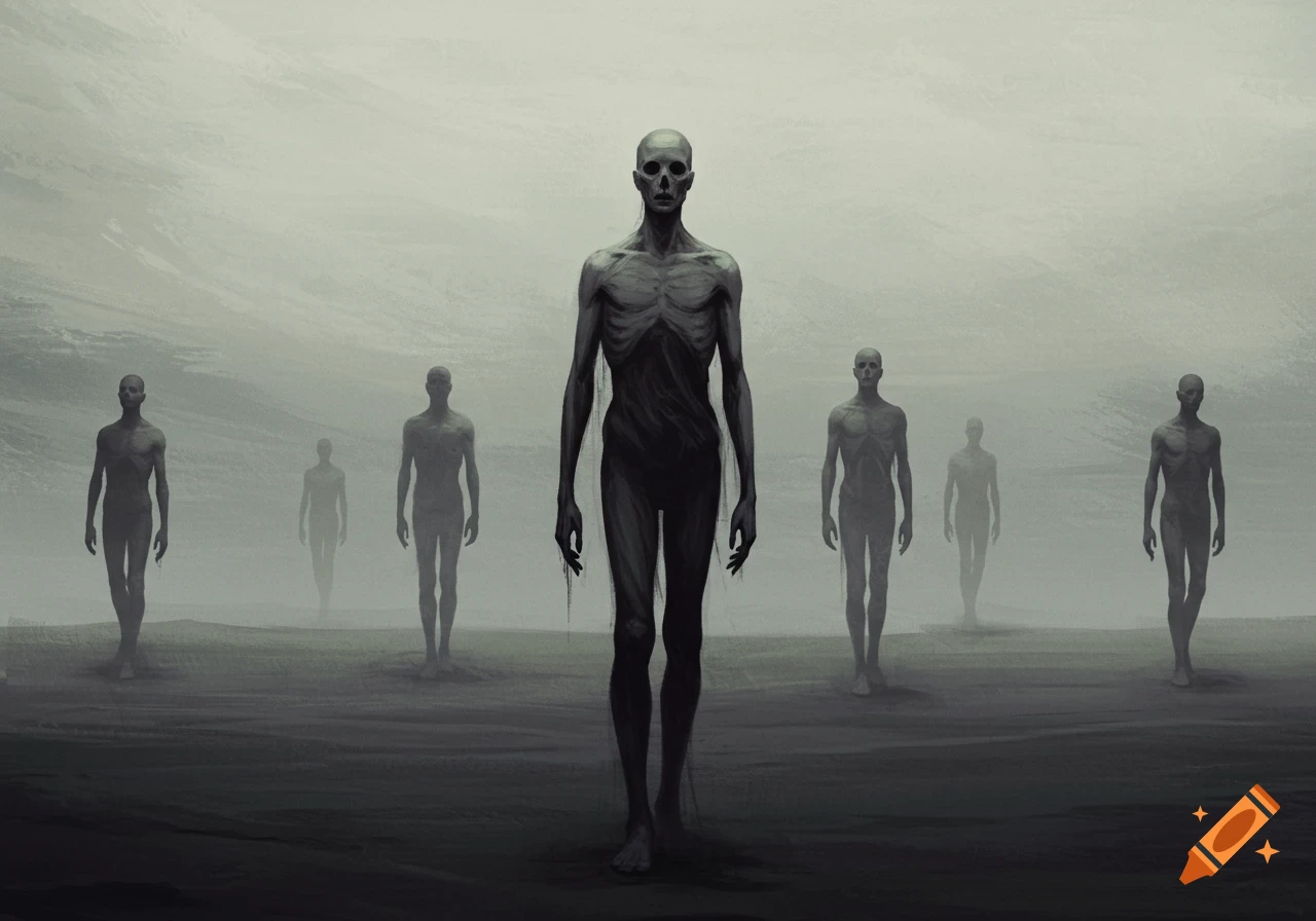 Skeletal figures walk through a foggy landscape.