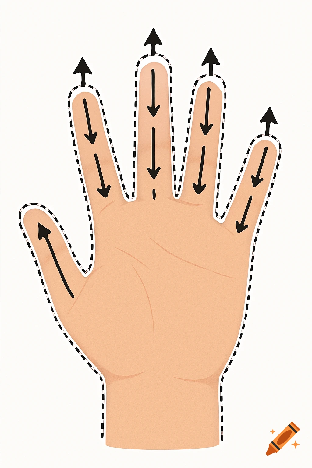 Stylized hand with dotted line and arrows tracing its shape and fingers.