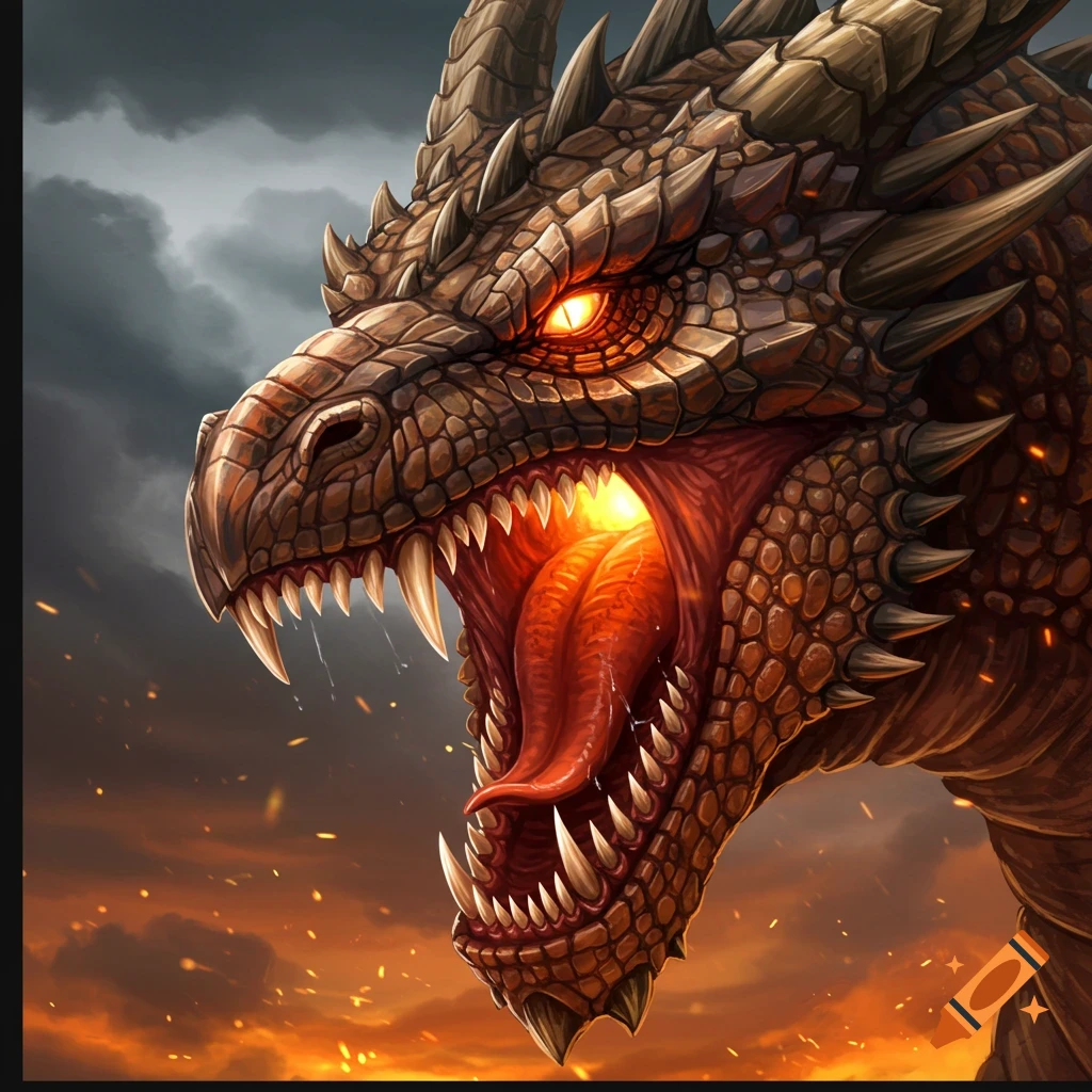 A fierce dragon's face with its mouth open, revealing a glowing throat. The background is a stormy sky with fire embers in the air.
