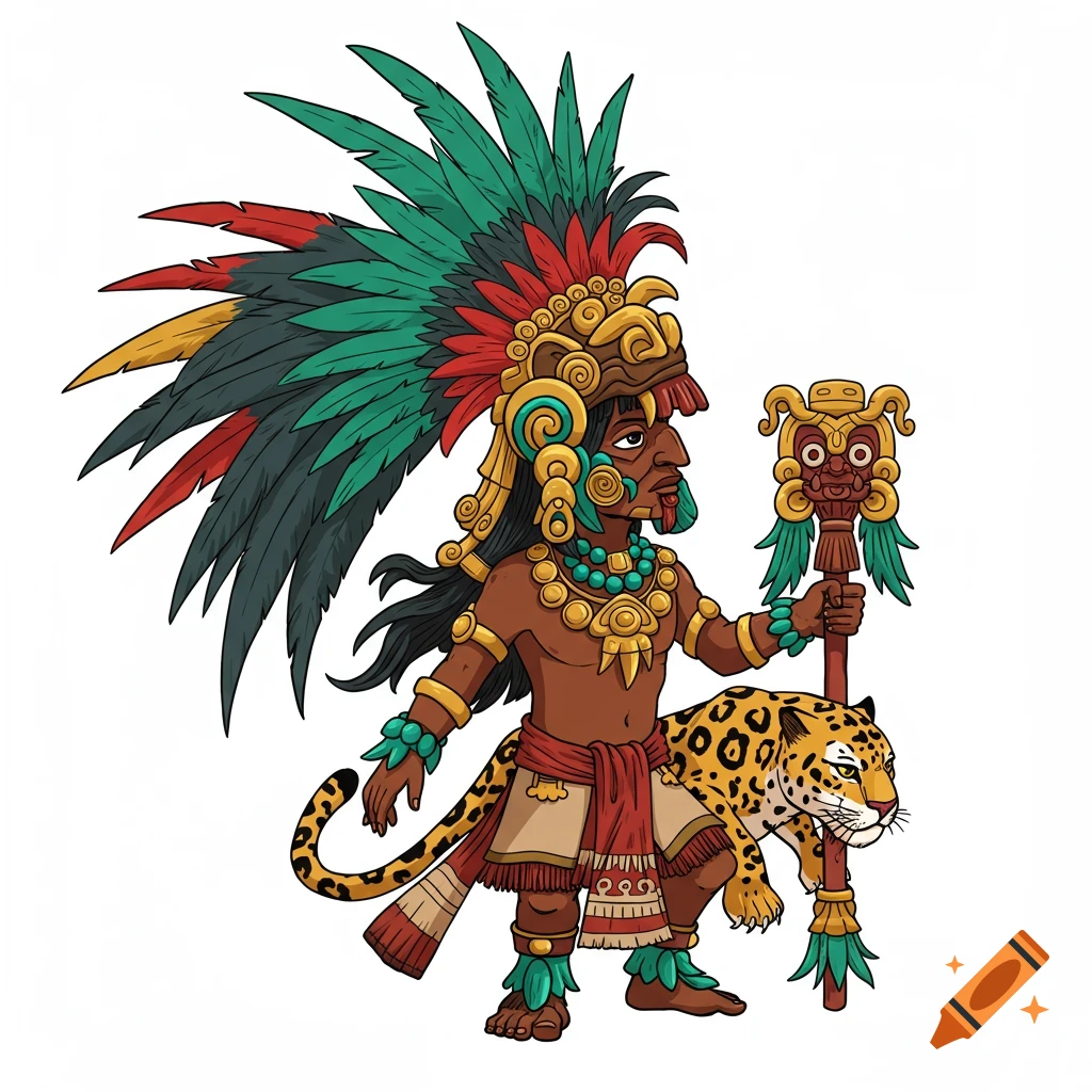 Illustration of a Mayan figure with feathered headdress, holding a staff and standing next to a jaguar.