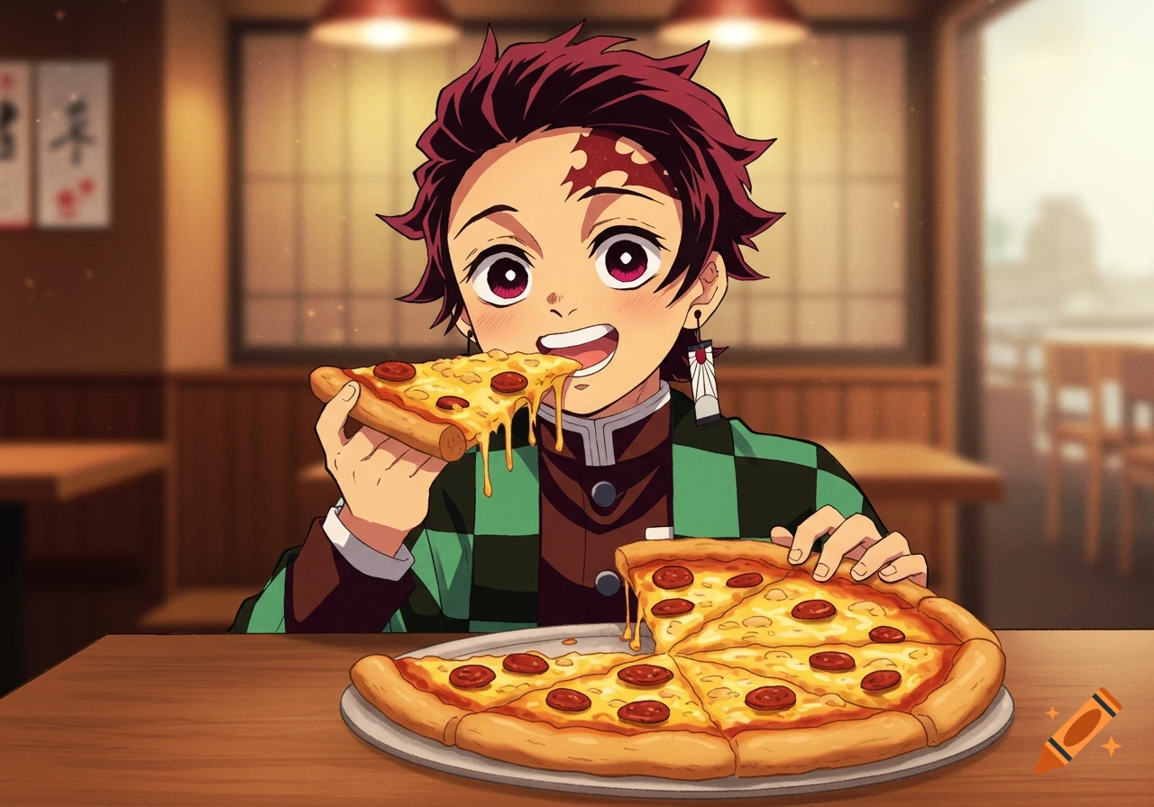 Anime character eating a slice of pizza in a restaurant.