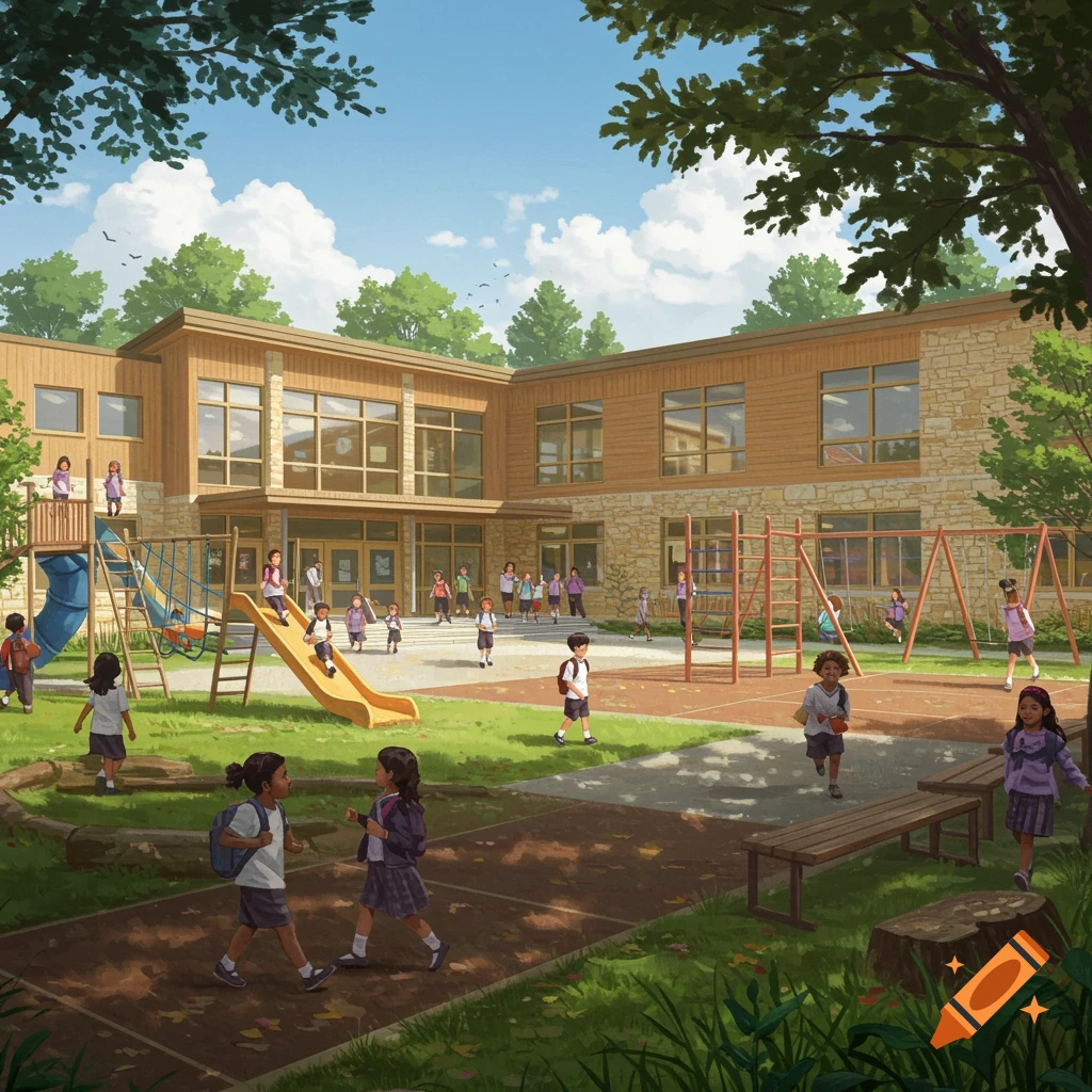 A school playground with children playing on swings, slides, and walking around.