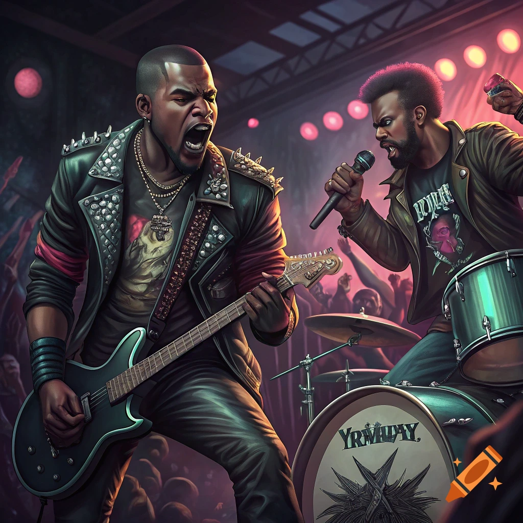 Two men in punk clothing perform on stage, one playing guitar and singing, the other singing into a microphone, with drums and a crowd.
