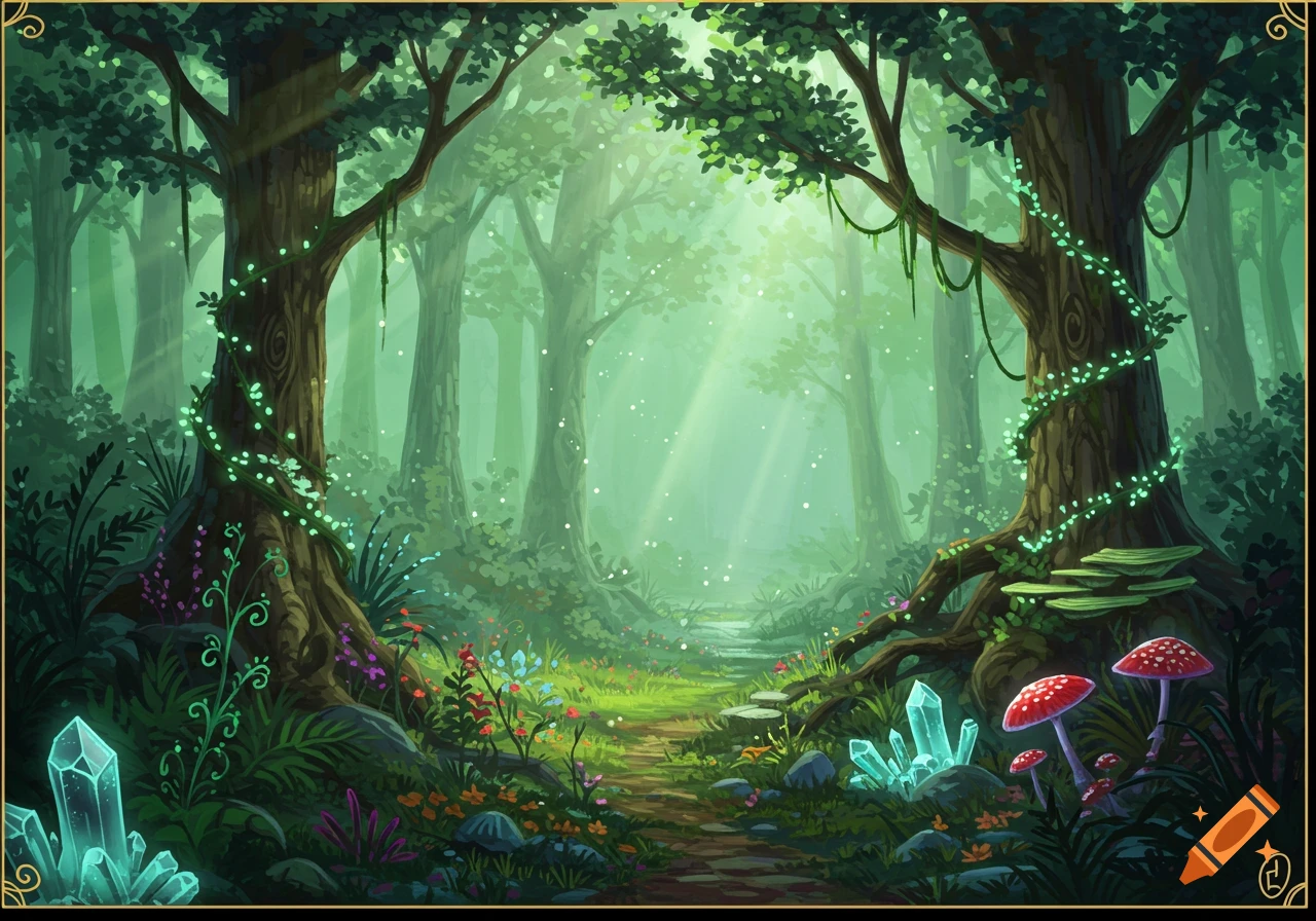 An enchanted forest path with glowing crystals, mushrooms, and sunlight.