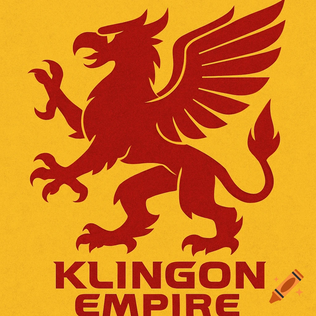 Red griffin emblem and 'KLINGON EMPIRE' text on yellow background, a logo/symbol.