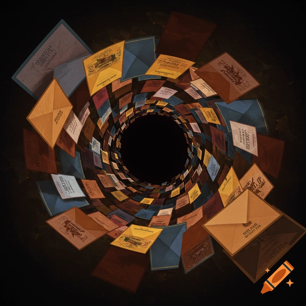 Many envelopes swirling down a dark vortex.