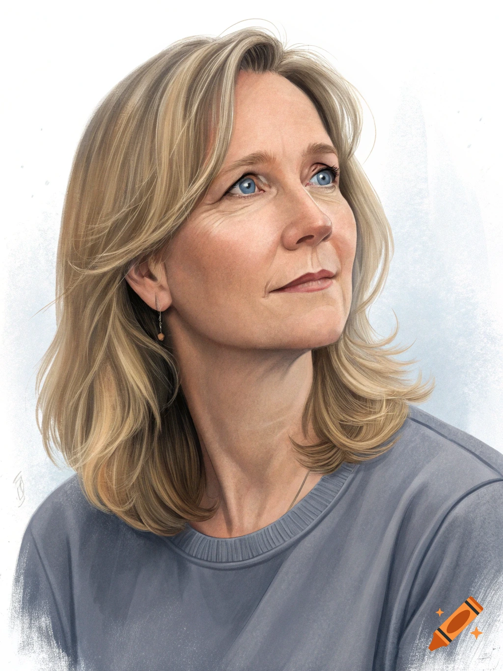 A woman with blonde hair and blue eyes looking upwards.