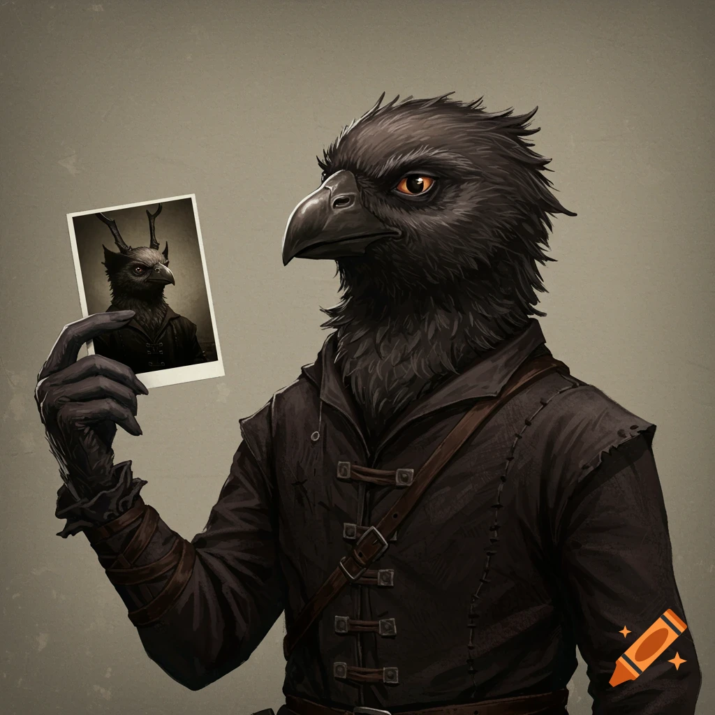 Anthropomorphic black bird creature in dark fantasy clothing holds a photograph of a horned bird creature.