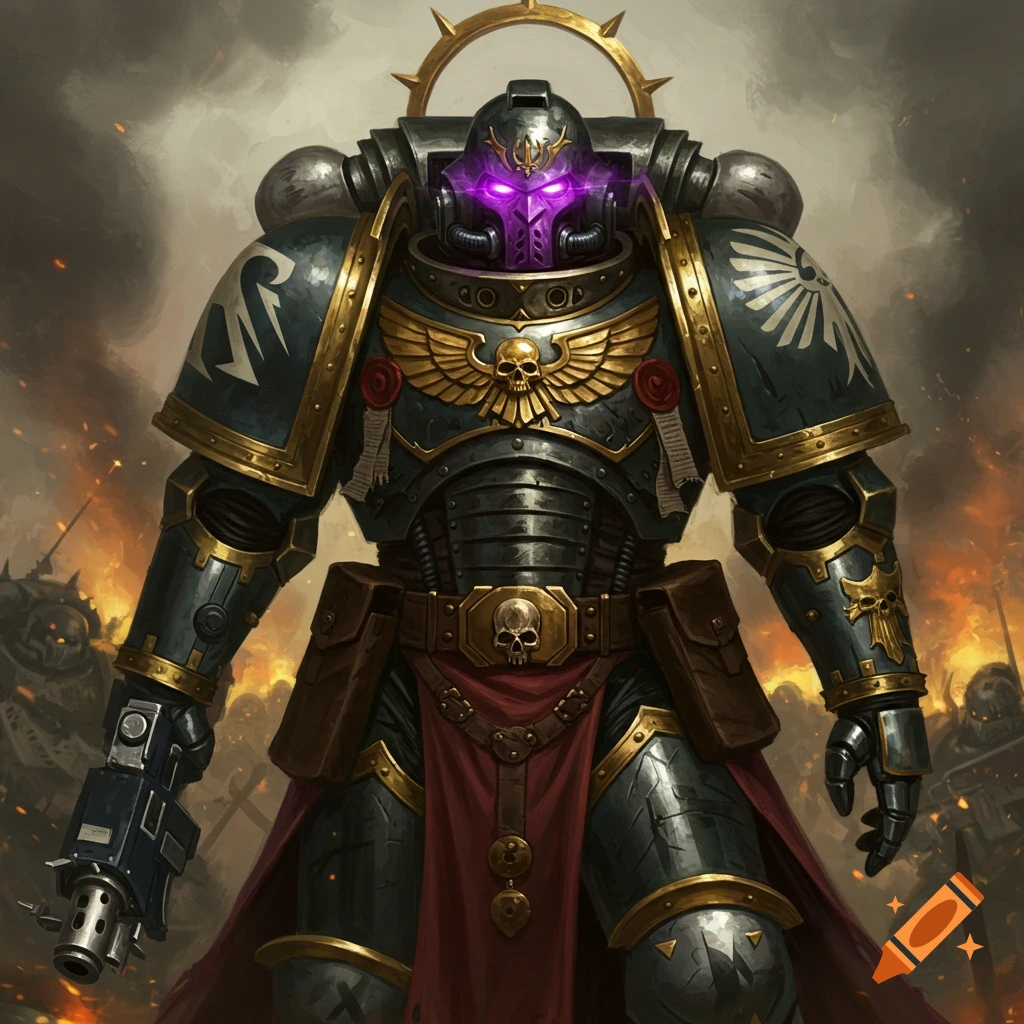 A grimdark armored space marine psyker stands on a battlefield.