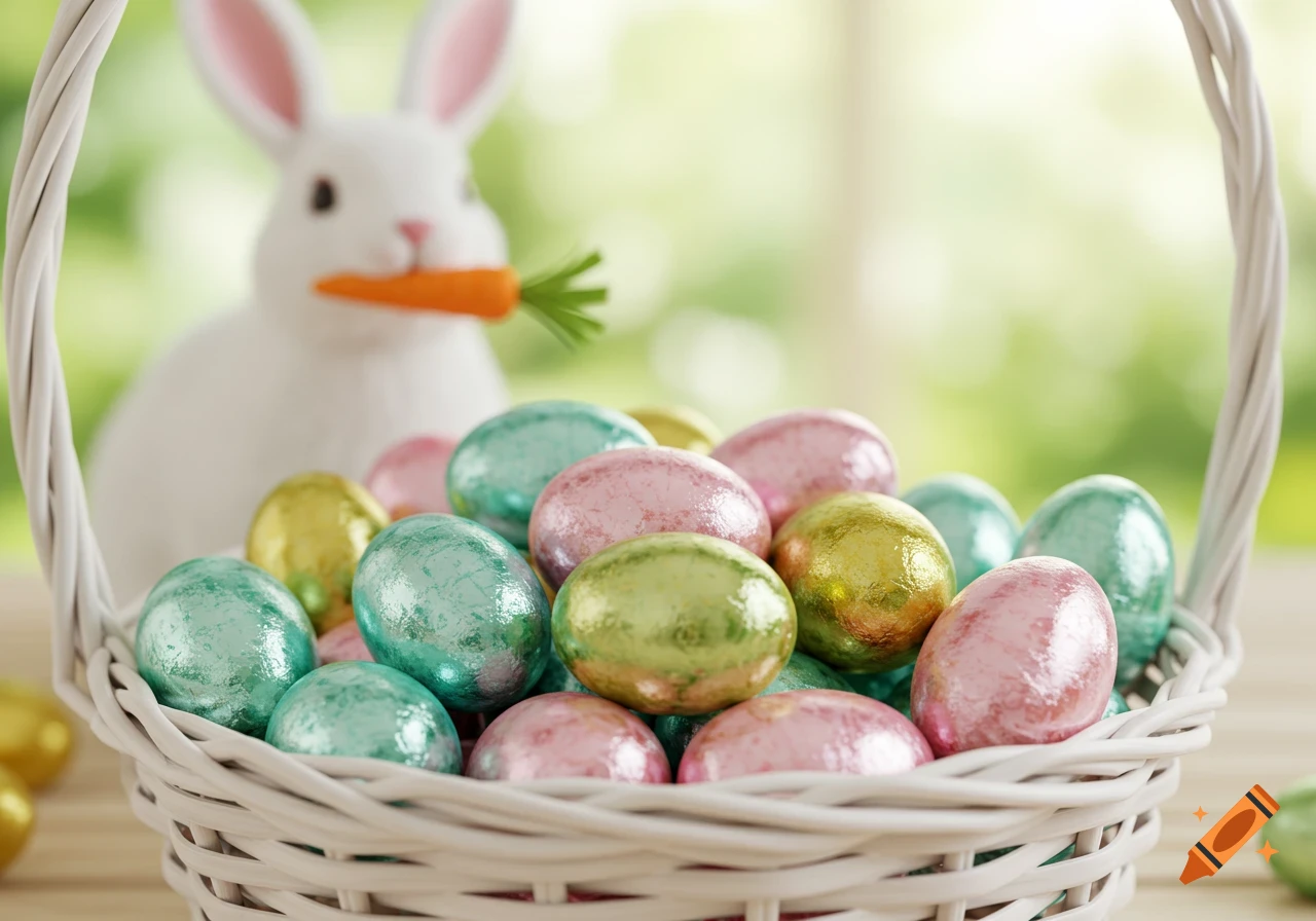 A white basket filled with pink, green, and gold foil-wrapped Easter eggs sits on a wooden table, with a white rabbit holding a carrot in the blurred background.