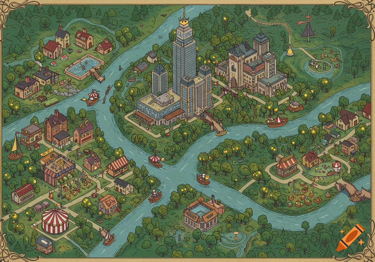 Cartoon map of a town with a river, buildings, carnival, trees, and boats.