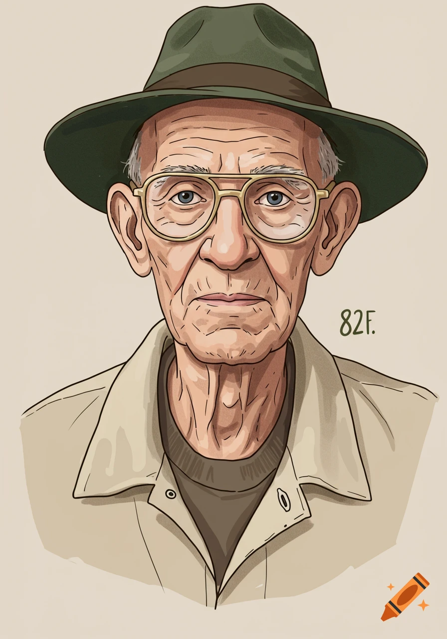 An illustration of an old man wearing a green hat and glasses.