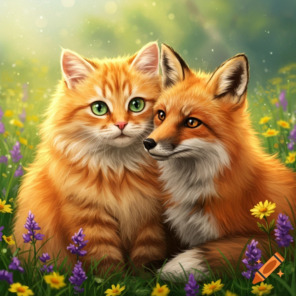 An orange cat and a red fox sitting together in a field of flowers.