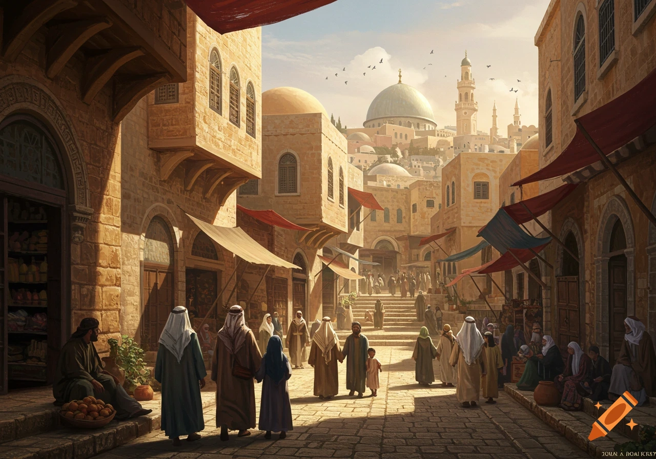 A busy street scene in a historical Middle Eastern town with marketplace, buildings, people, and a dome and minaret in the distance.