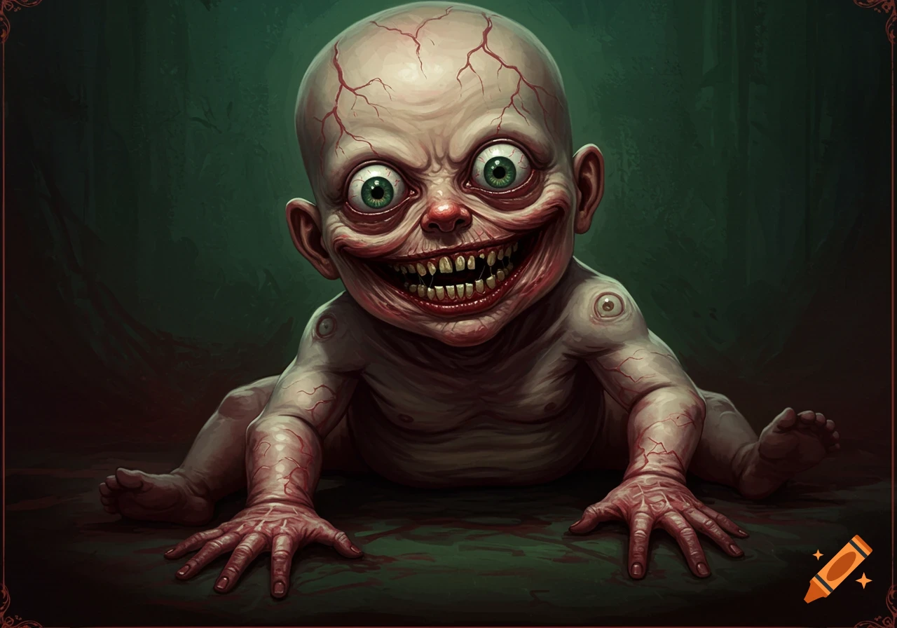 A grotesque, deformed baby with large eyes and a toothy grin crawling.