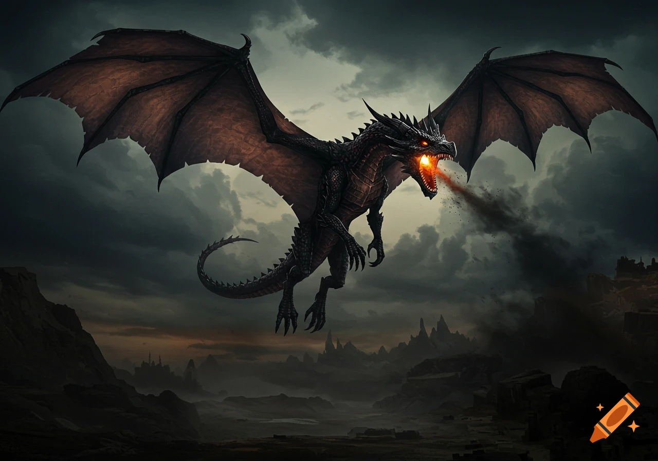 A dark dragon with red eyes flying over a ruined landscape and breathing fire under a cloudy sky.