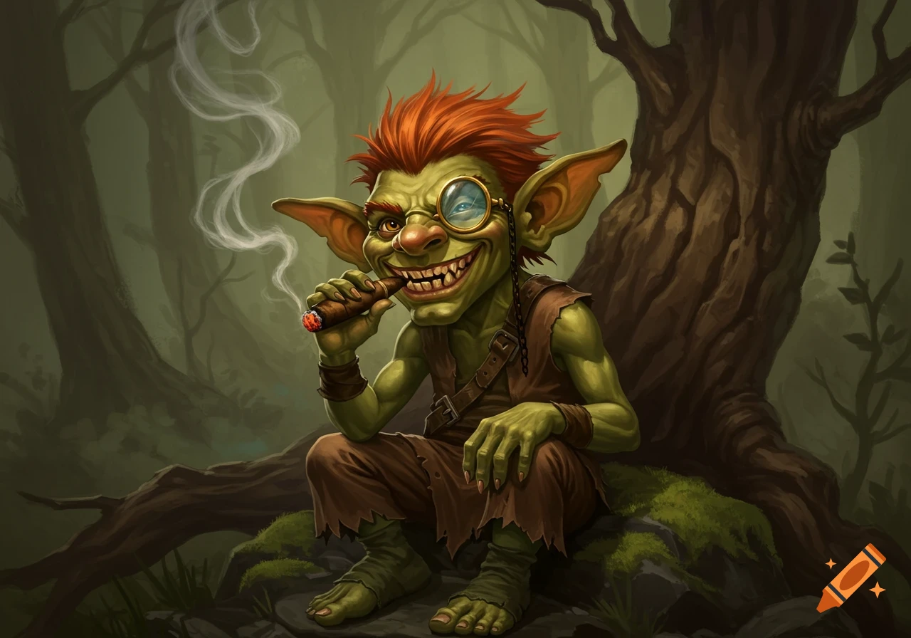 A goblin with a monocle sitting in a forest, smoking a cigar.