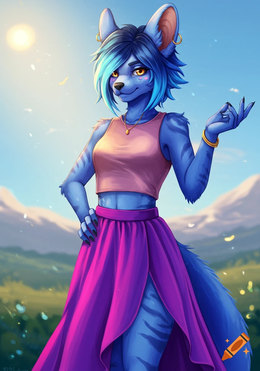 A blue furry character wearing a crop top and skirt outdoors.