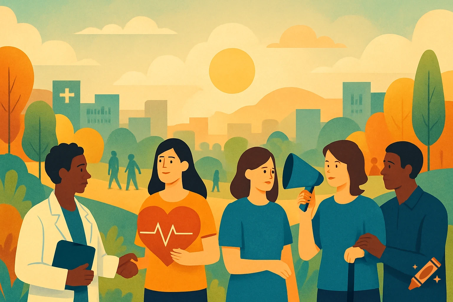 A diverse group, including healthcare workers, stand in a park with a city and hospital in the background. Stylized illustration.