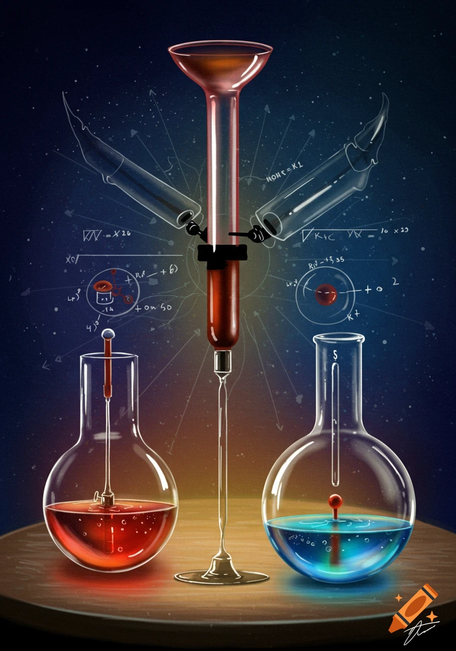 Digital illustration of scientific beakers with red and blue liquid and formulas in the background.