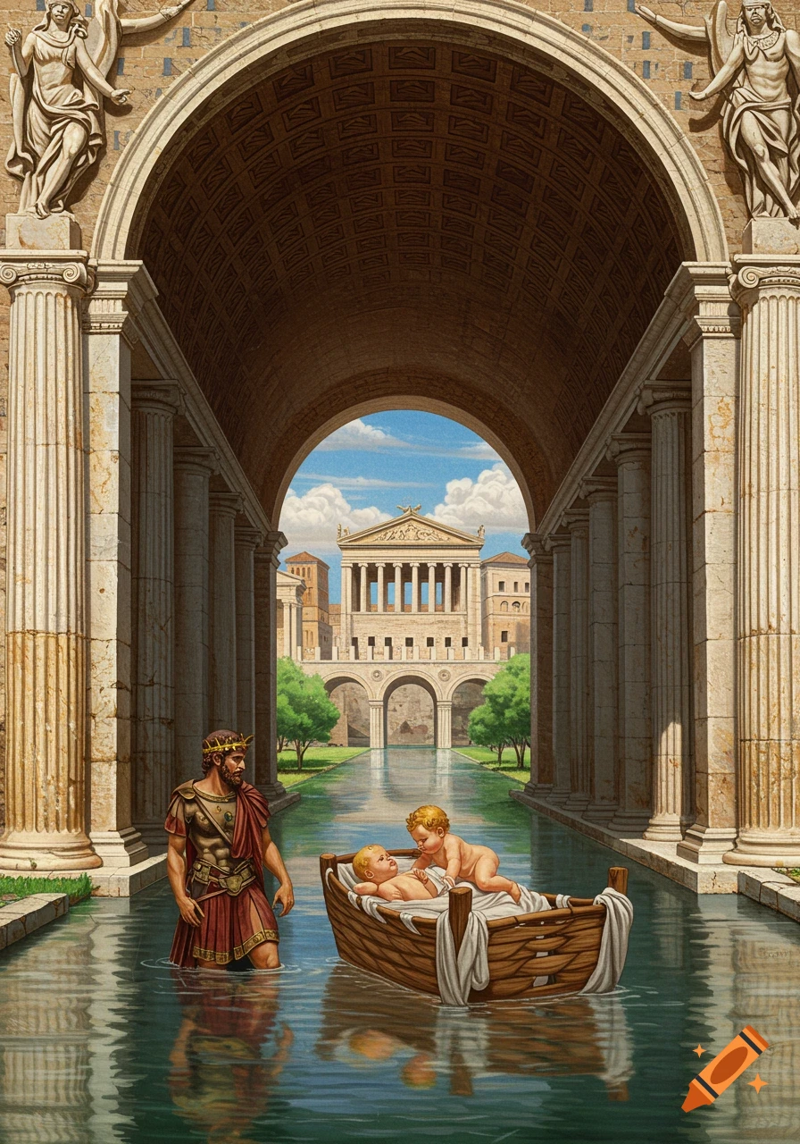 A man in Roman attire stands in water under an archway, looking at two babies in a boat on the water. Roman buildings are in the background.