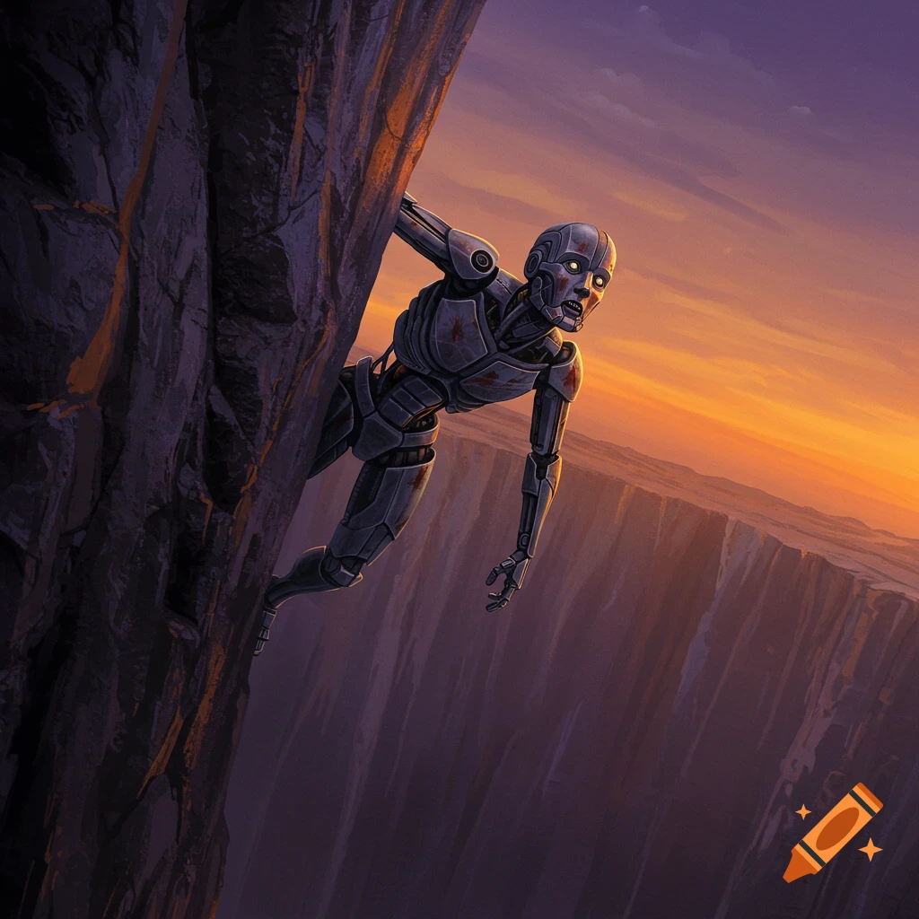 A robot hanging onto a cliff face looking down at a canyon below under a sunset sky.
