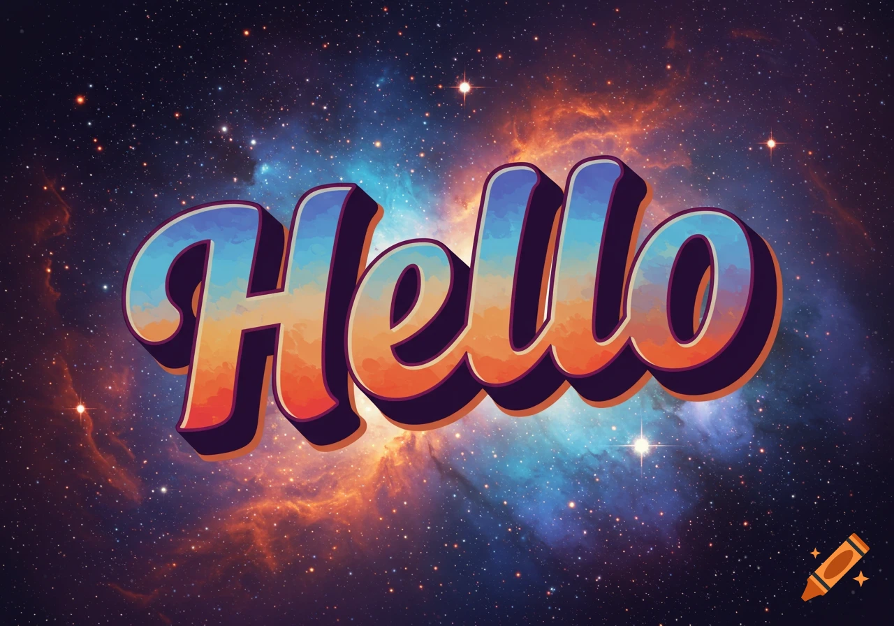 Stylized word 'Hello' in bold colors against a cosmic space background.