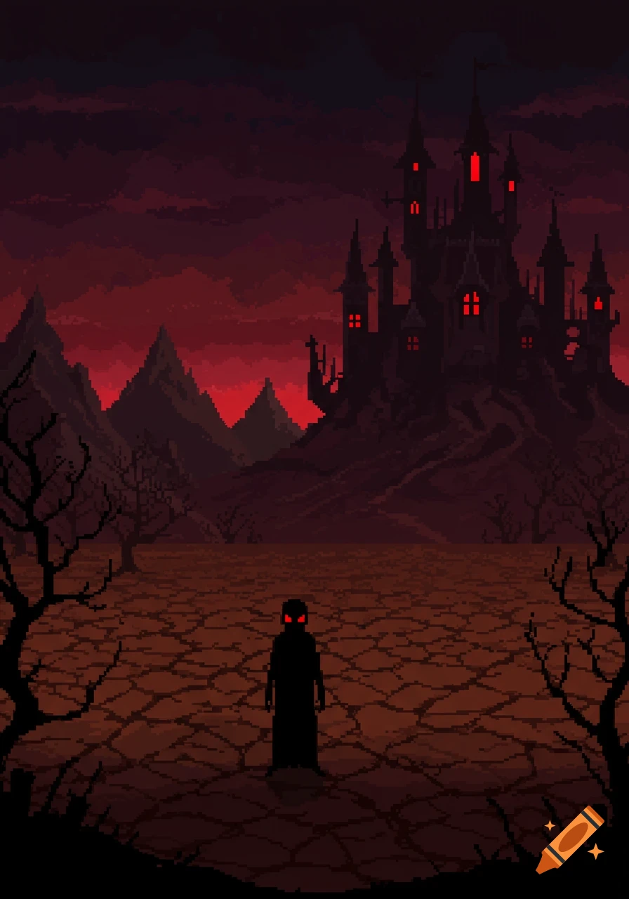 Pixel art of a shadowy figure standing in a cracked wasteland facing a dark castle with red windows under a stormy red sky.