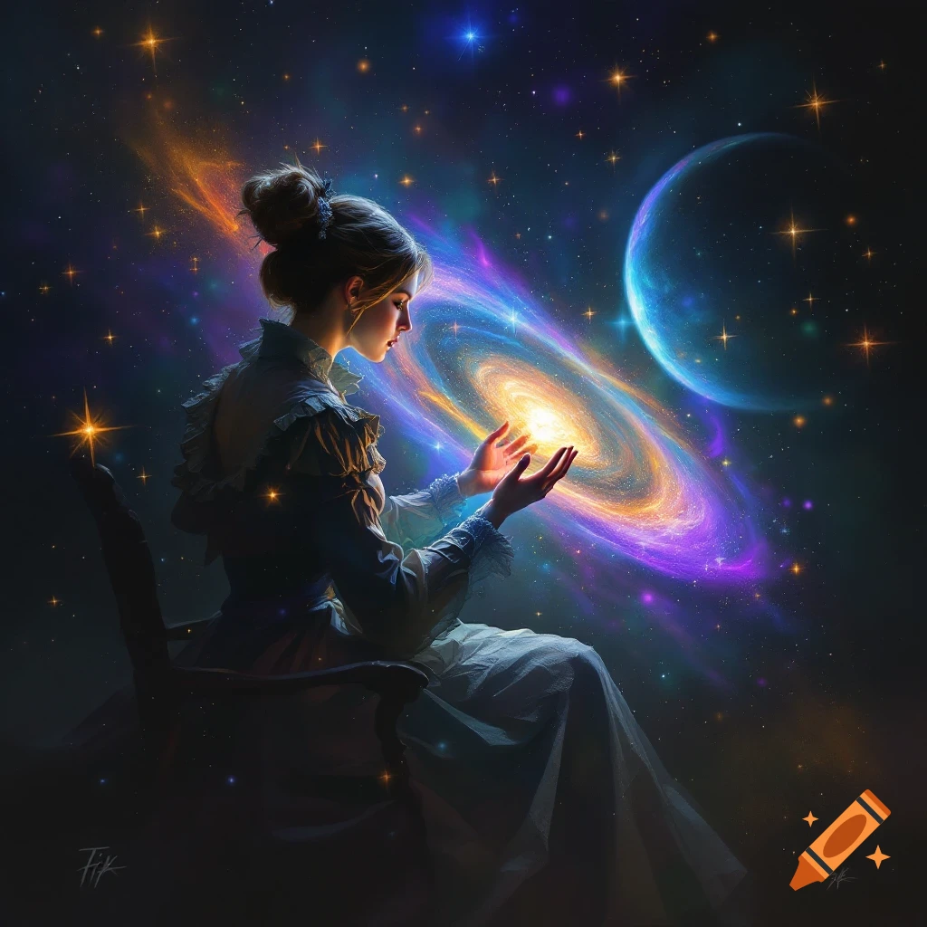 A woman holding a galaxy in her hands surrounded by stars and a planet.