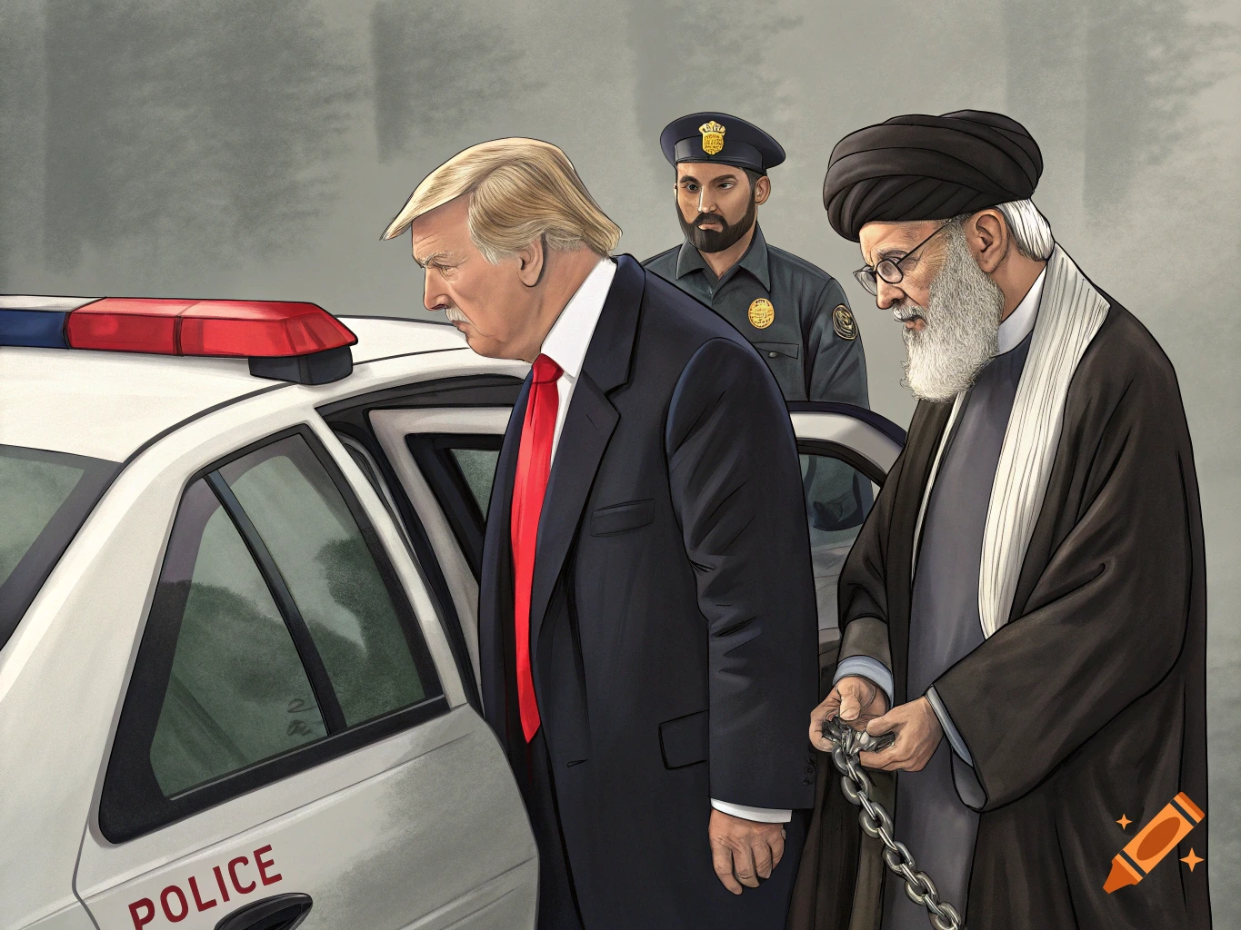 Illustration of Donald Trump and a figure resembling Khamenei near a police car, with the latter holding chains.