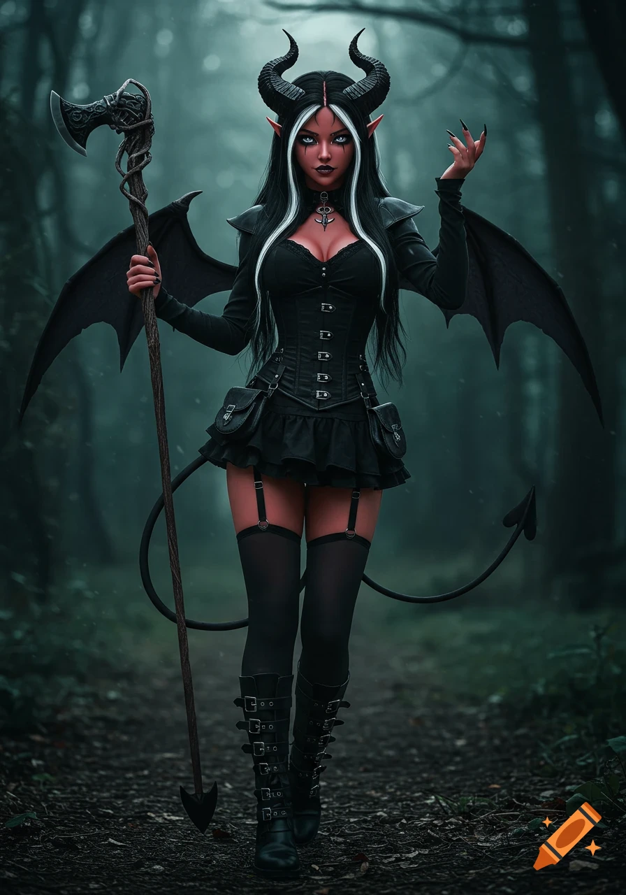 A demon girl with horns, wings, and a tail holds an axe in a dark forest.