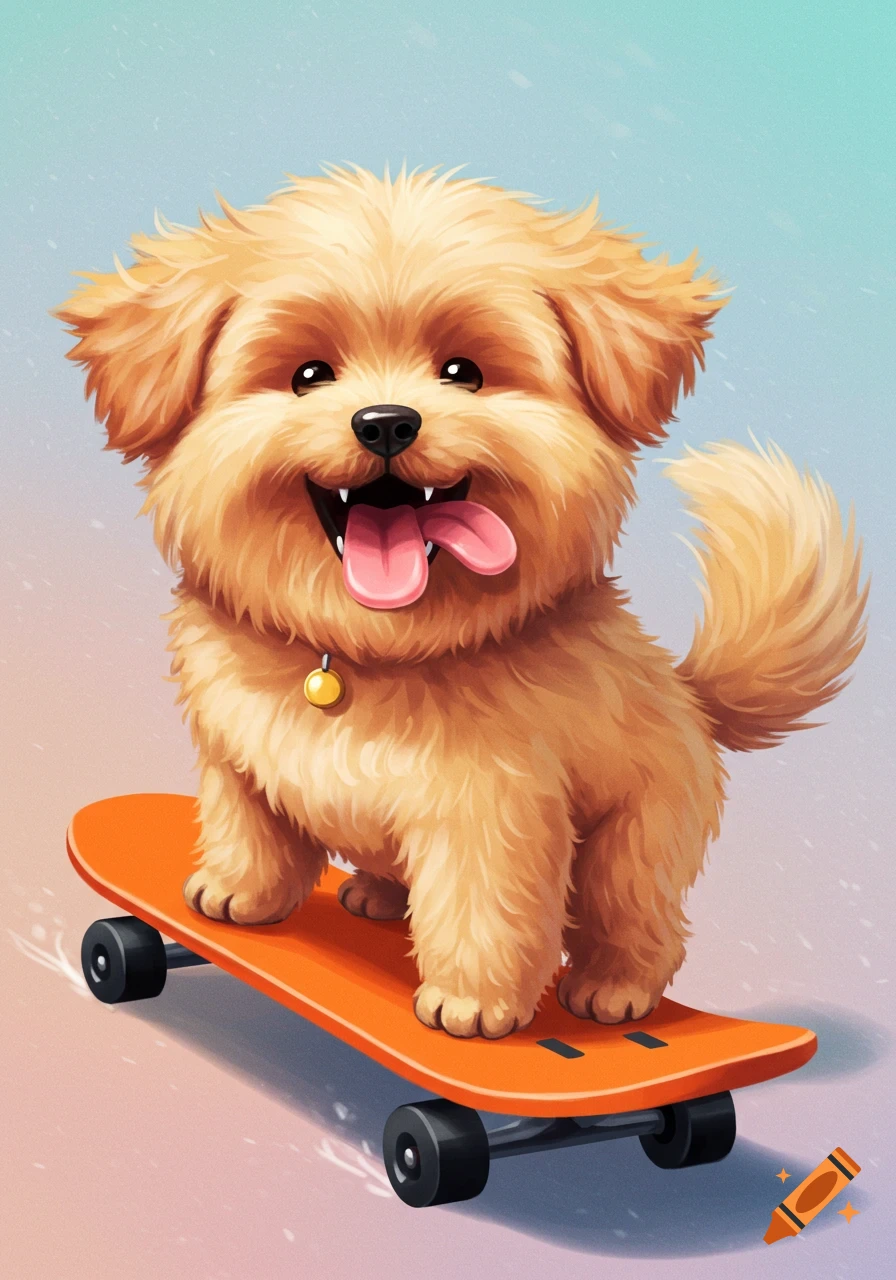 A cute fluffy dog stands on an orange skateboard with a big smile.