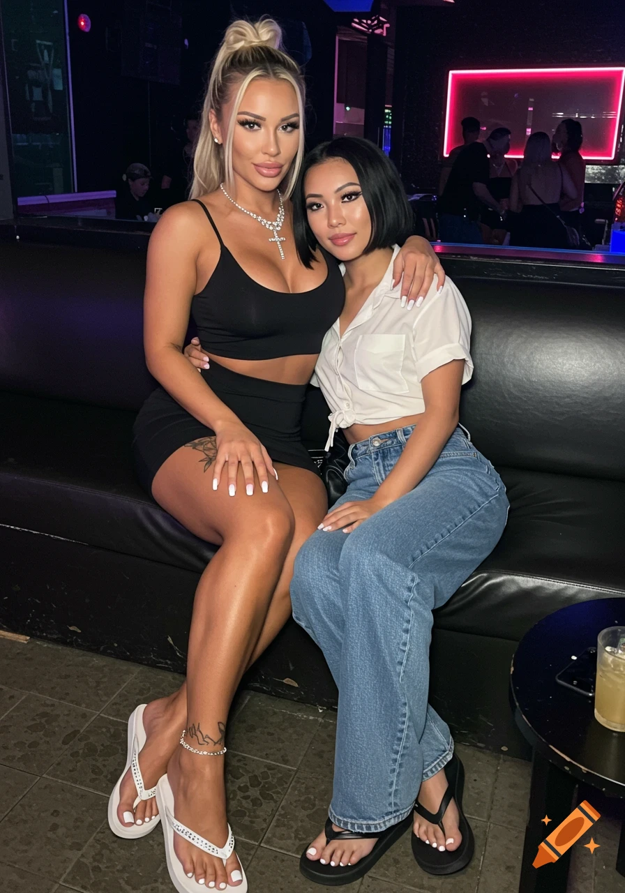 Two women sit on a couch in a nightclub.
