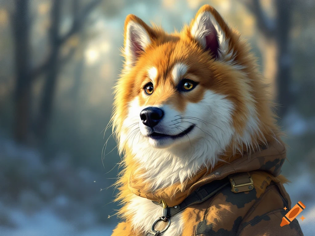A fluffy orange and white dog-like creature wearing a camouflage coat stands in a forest.
