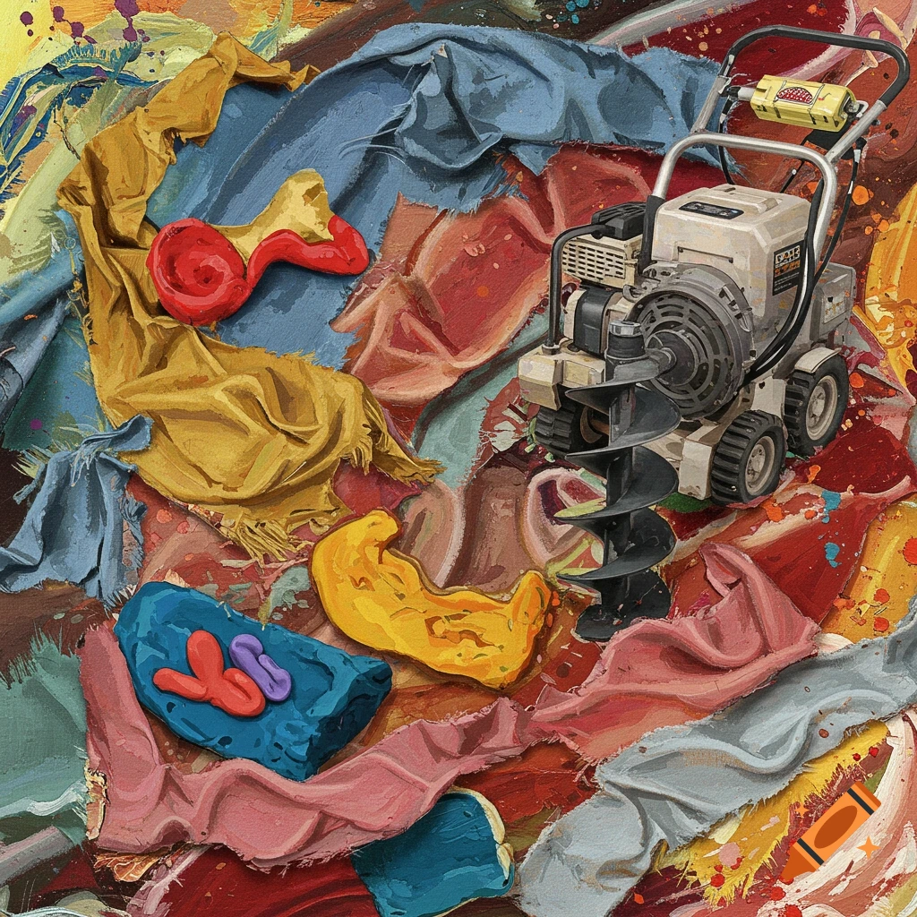 An auger machine among torn fabric, mashed play-doh shapes, and paint splatter.