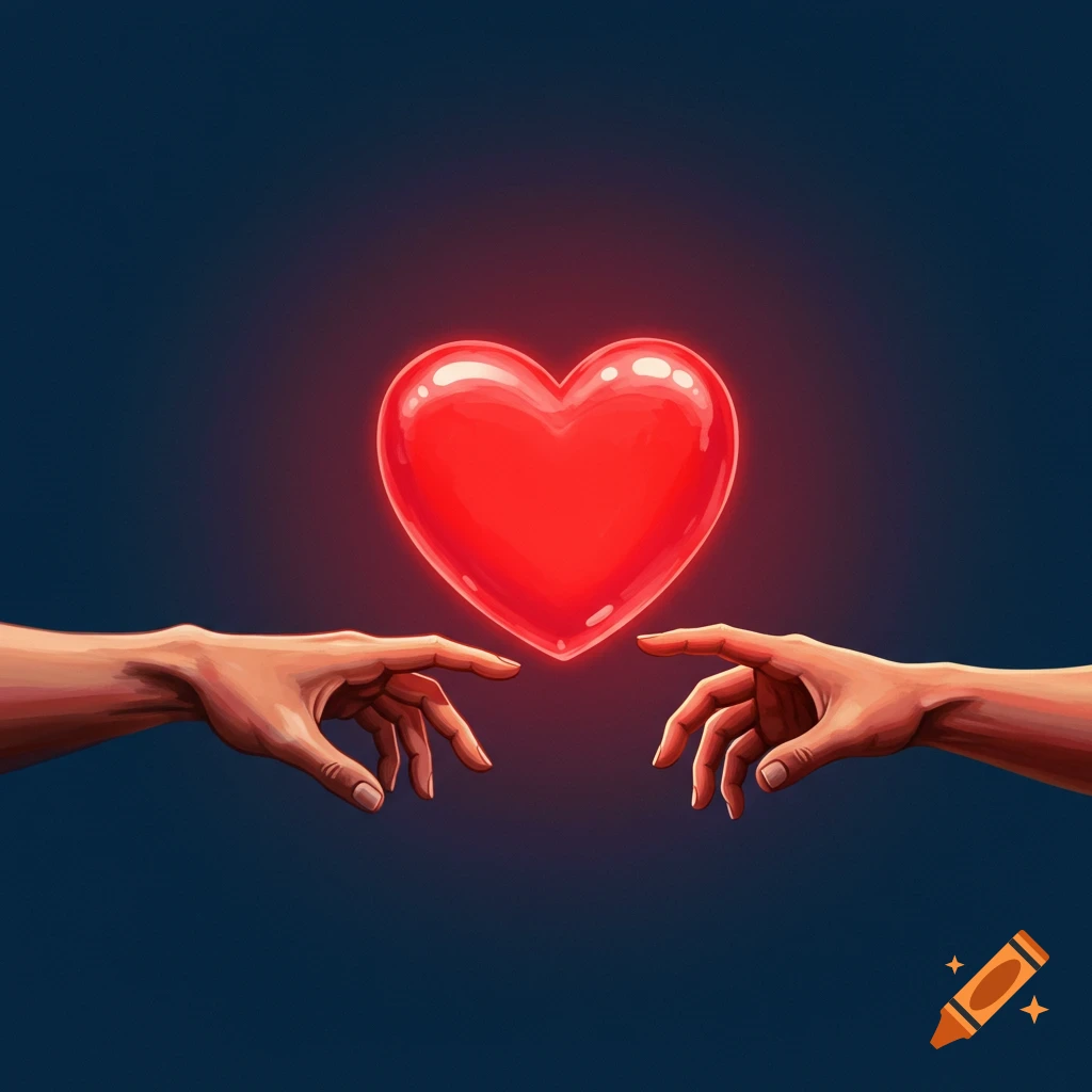 Two hands reaching towards a glowing red heart.