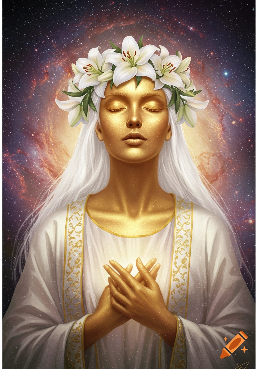 A golden-skinned woman with white hair and lilies, hands crossed, is shown against a cosmic background.