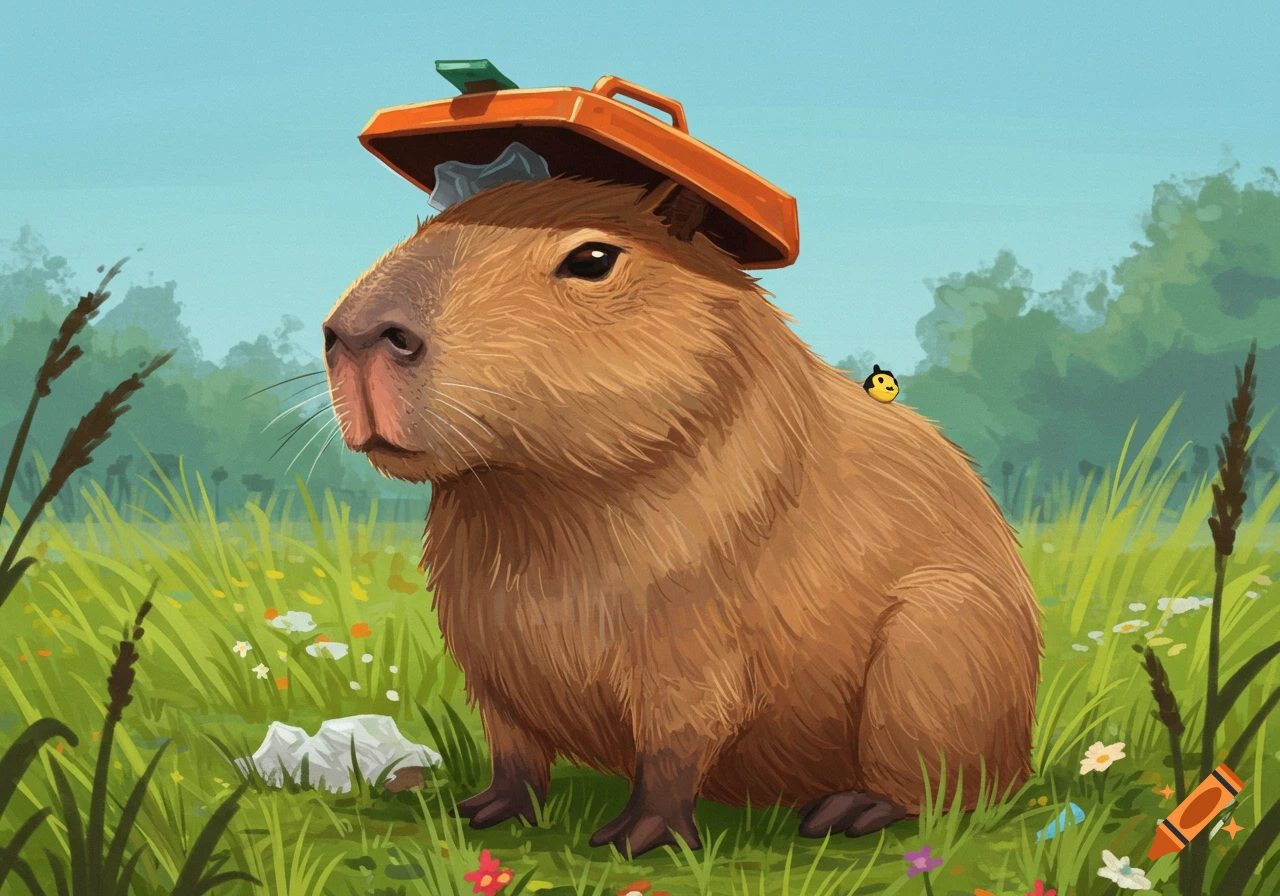 A capybara wearing a trash can lid hat is in a field with a small bird on its back.