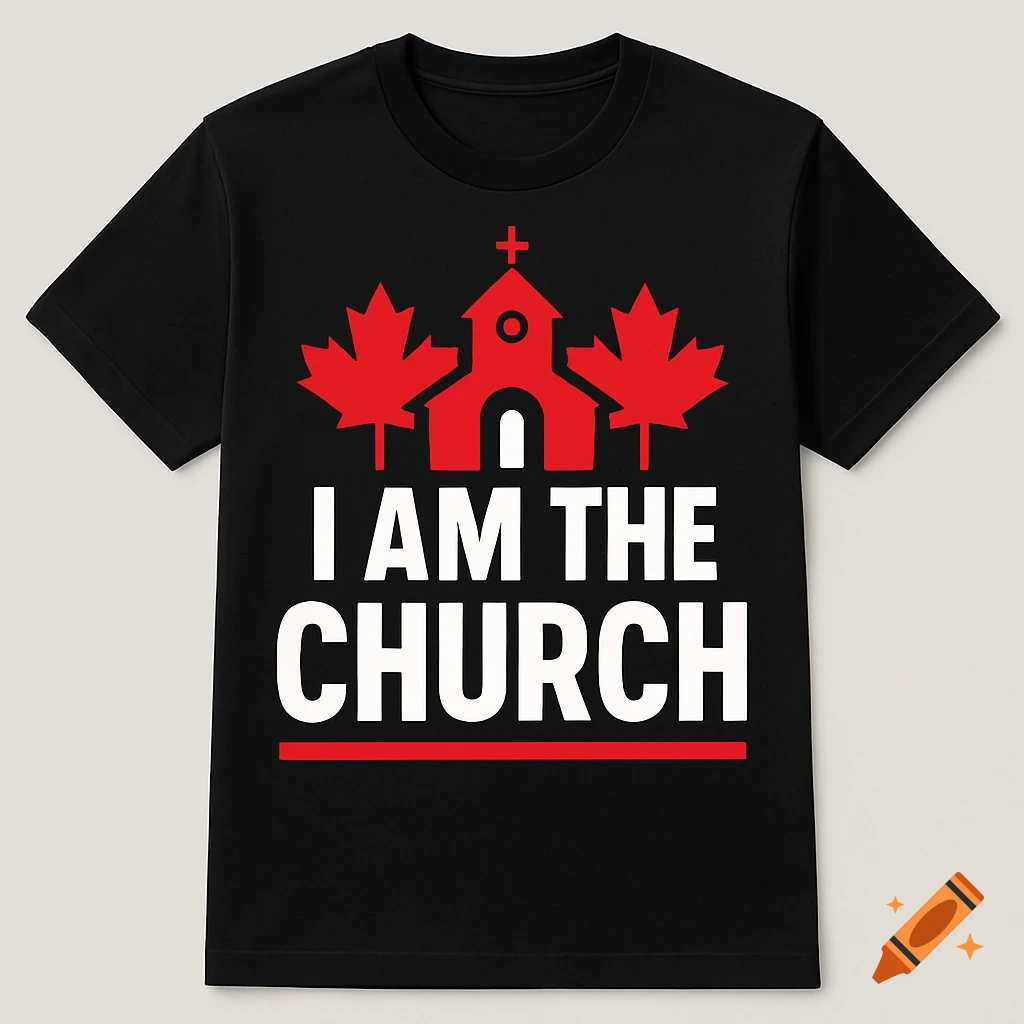 Black t-shirt with red and white graphic of a church, maple leaves, and the text "I AM THE CHURCH".