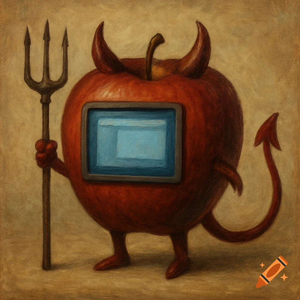 A red apple creature with devil horns and tail holds a pitchfork and has a blue screen on its front.