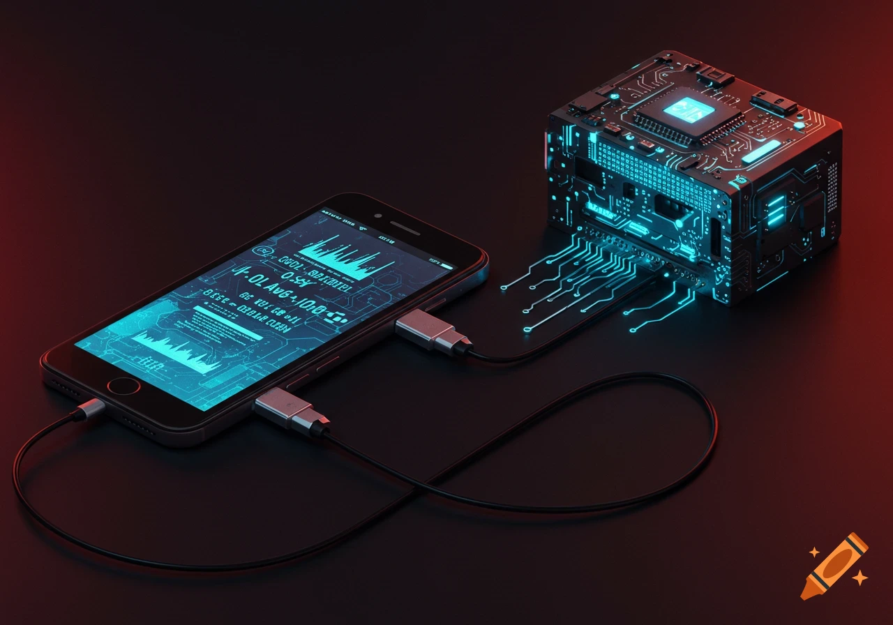 A smartphone plugged into a glowing circuit cube