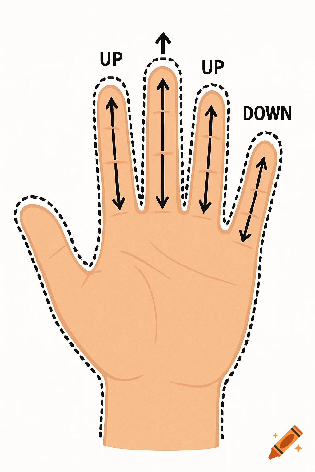 Infographic illustration of a hand with tracing lines and arrows labeled UP and DOWN on each finger.