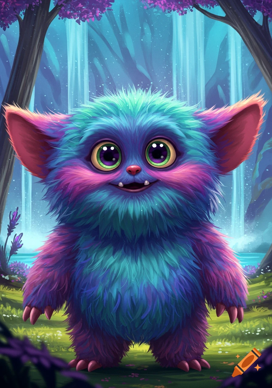 A fluffy, colorful fantasy monster with big eyes in a forest with waterfalls.