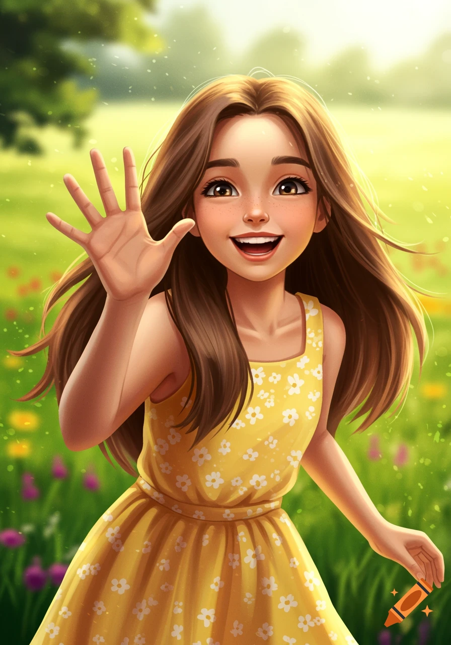 A young girl waves in a sunny flower meadow.