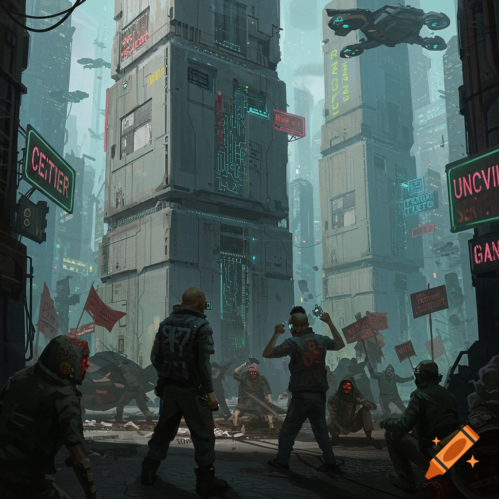 A dark cyberpunk city street with figures, signs, and drones.